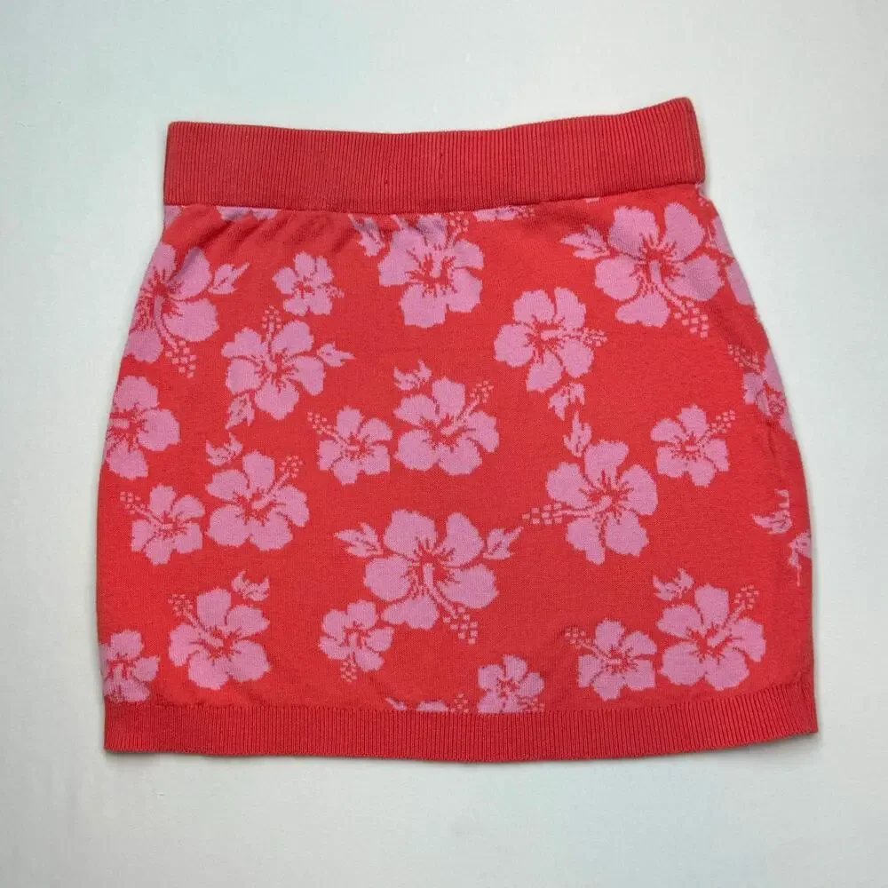 Art Class Hibiscus Knit Mini Skirt L 10/12 Red Pink Floral Y2K Coconut Girl Boho - Picture 2 of 10
